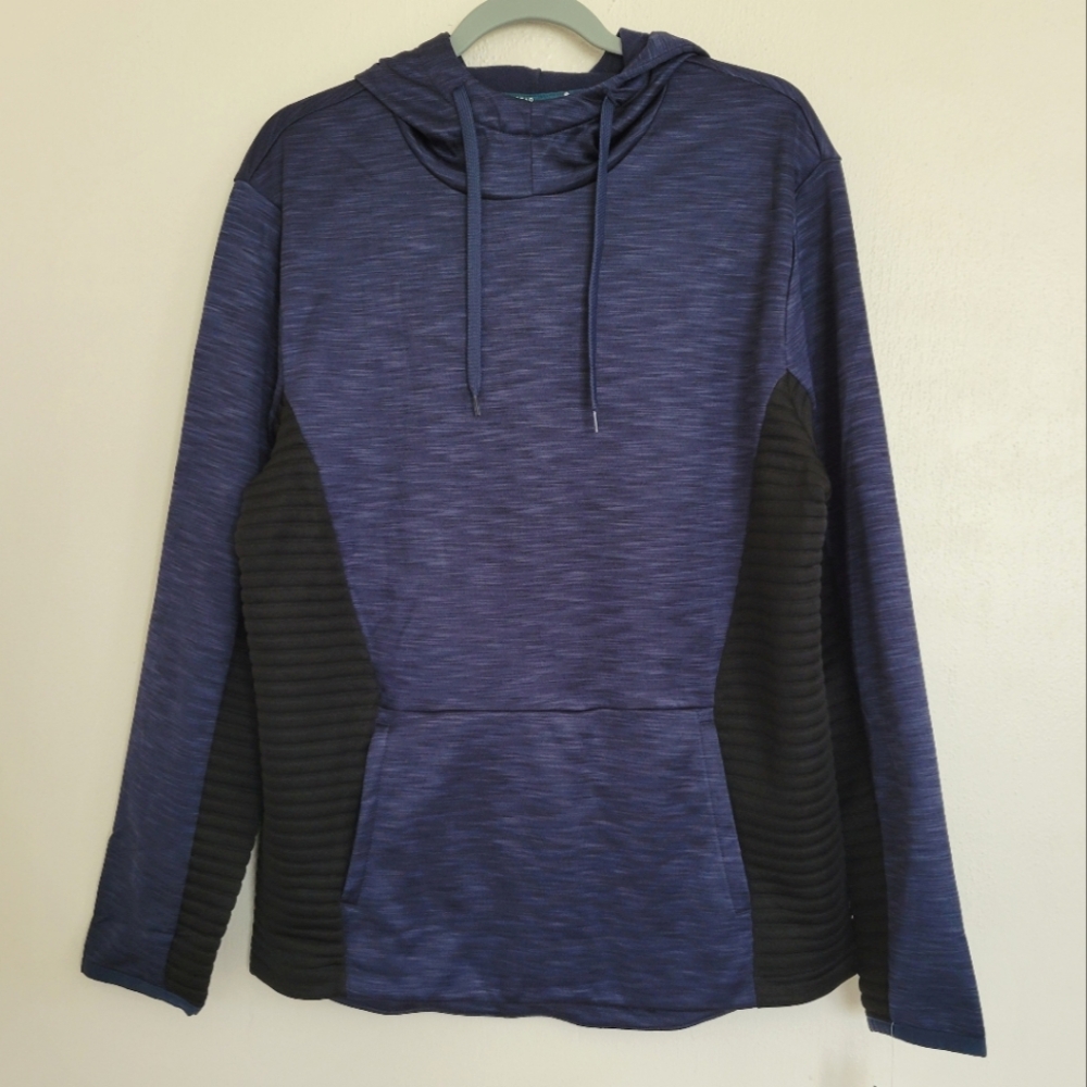 NWT Tek Gear Mens Mixed Media Blue/Black Performance Fleece Hoodie Pockets Sz M